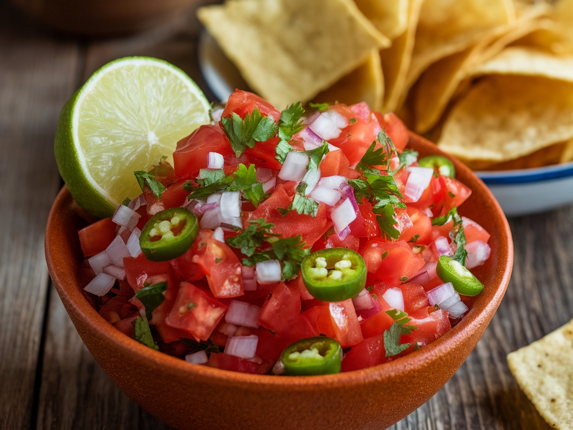 Authentic Pico de Gallo Recipe A colorful bowl of Pico de Gallo salsa with tomatoes, onions, and jalapeños, served with tortilla chips.